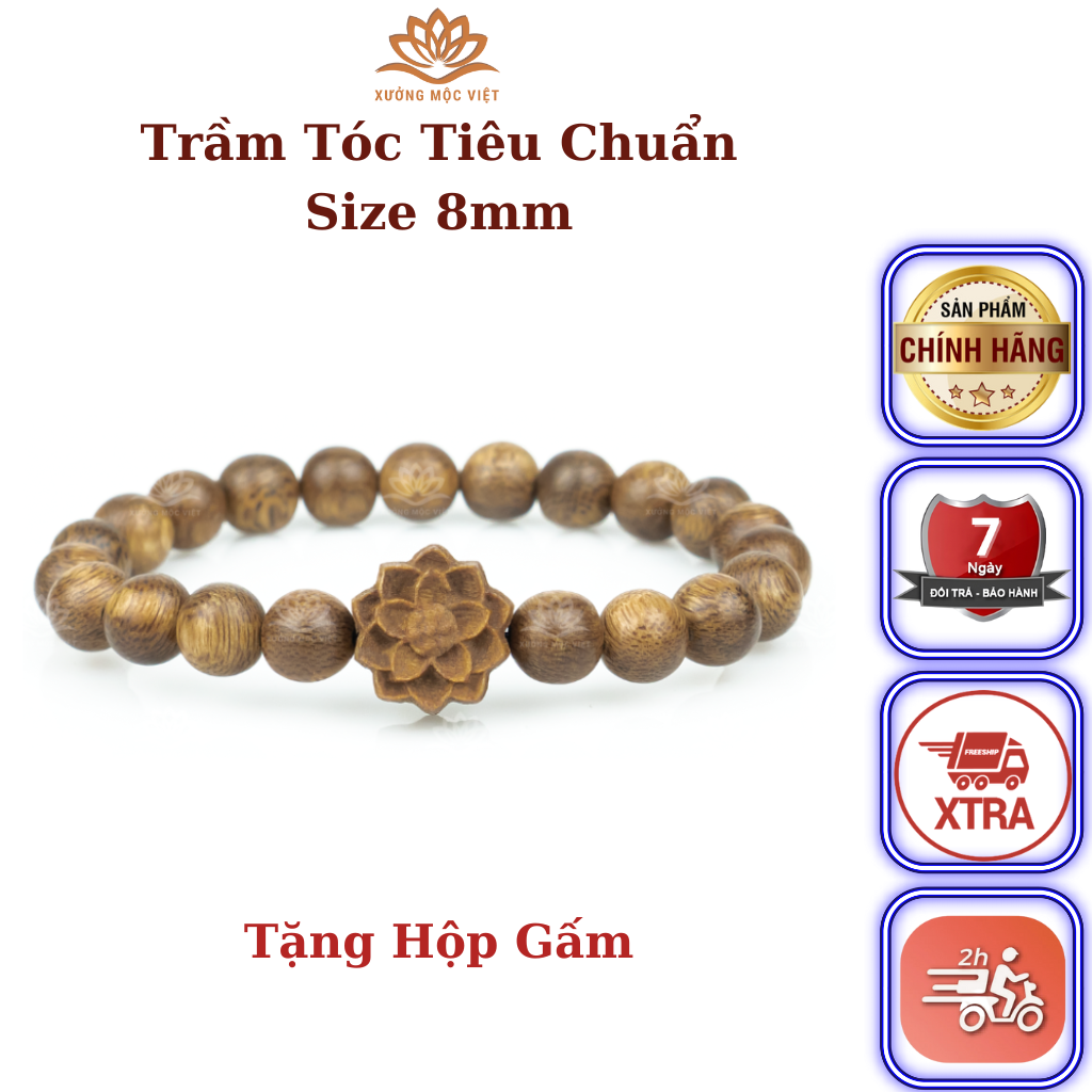 Vòng Tay Trầm Hương Tròn Đơn Mix Charm Hoa Sen Xưởng Mộc Việt - Size 8mm Trầm Tóc Tiêu Chuẩn