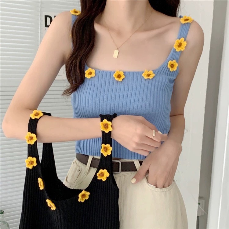 Áo hai dây body bản to pinkstore29, dáng ôm phối hoa len móc a5427