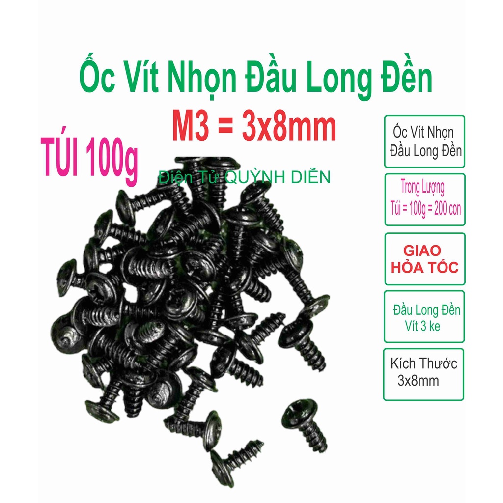 Ốc vít 3x8mm Đầu long đền bắt fet còng sò bắt vỏ ampli 100g - linh kiện điện tử HCM
