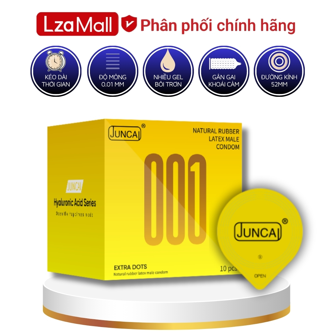   Che tên sản phẩm  Bao cao su Juncai Extra Dots gân gai khoái cảm siêu mỏng 0.01mm bcs olo gel bôi trơn gốc nước kéo dài thời gian quan hệ hộp 10 bcs 