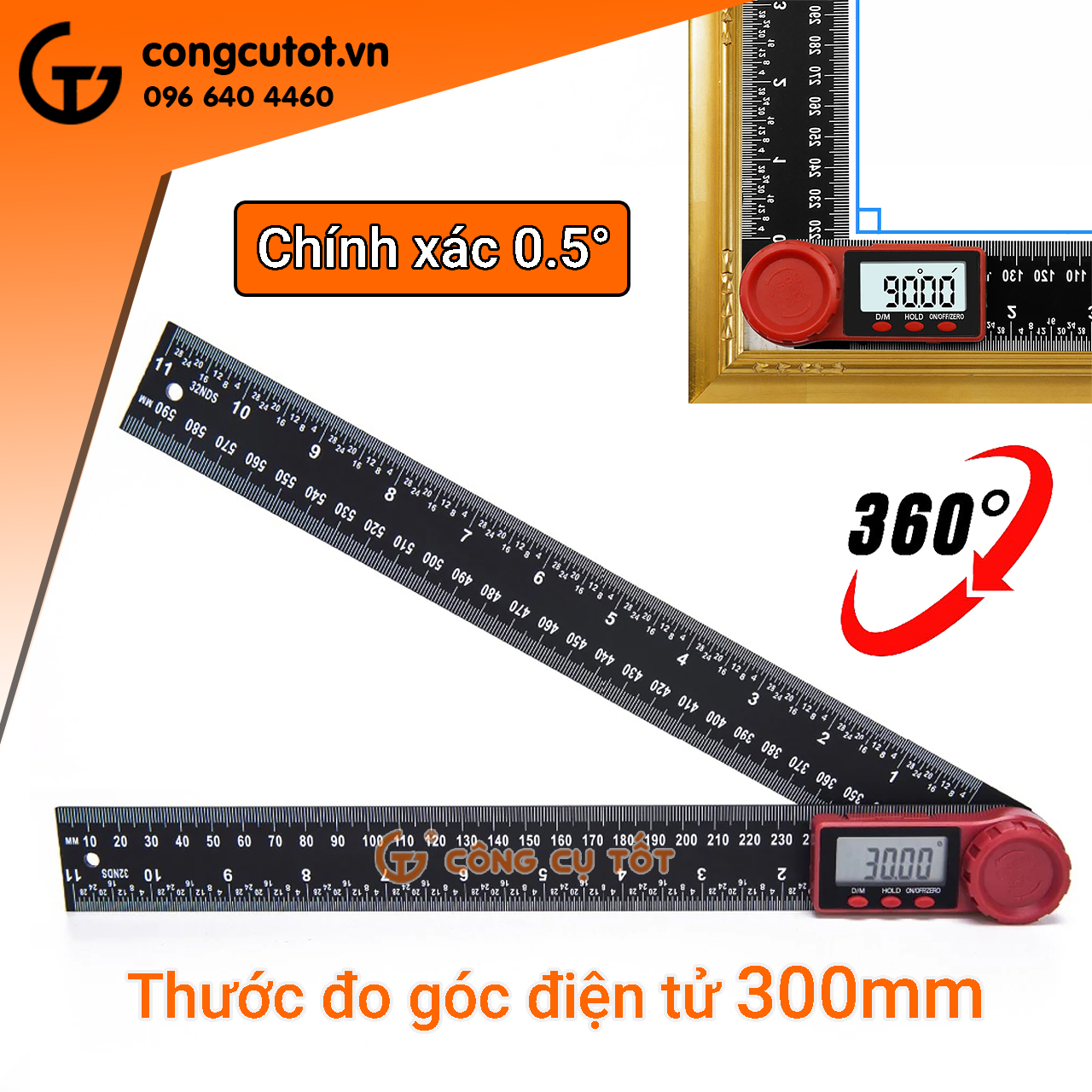 Thước đo góc điện tử 360 độ dài 300mm 3 núm chỉnh độ chính xác 0.5 độ
