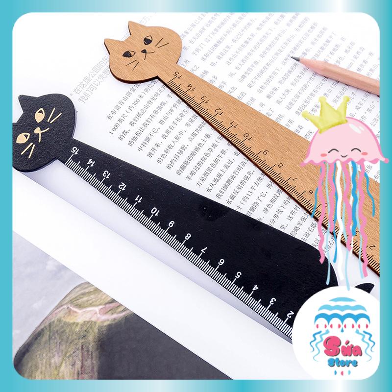 Thước kẻ gỗ Thước kẻ hình mèo dễ thương cute 15 cm 2 màu đen và nâu TK02