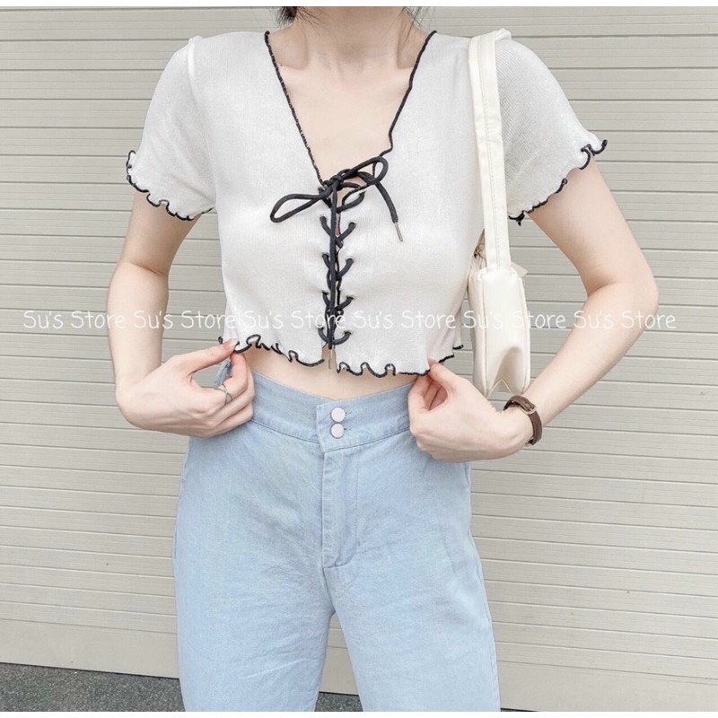 Áo croptop viền chỉ cột dây tay ngắn a5008