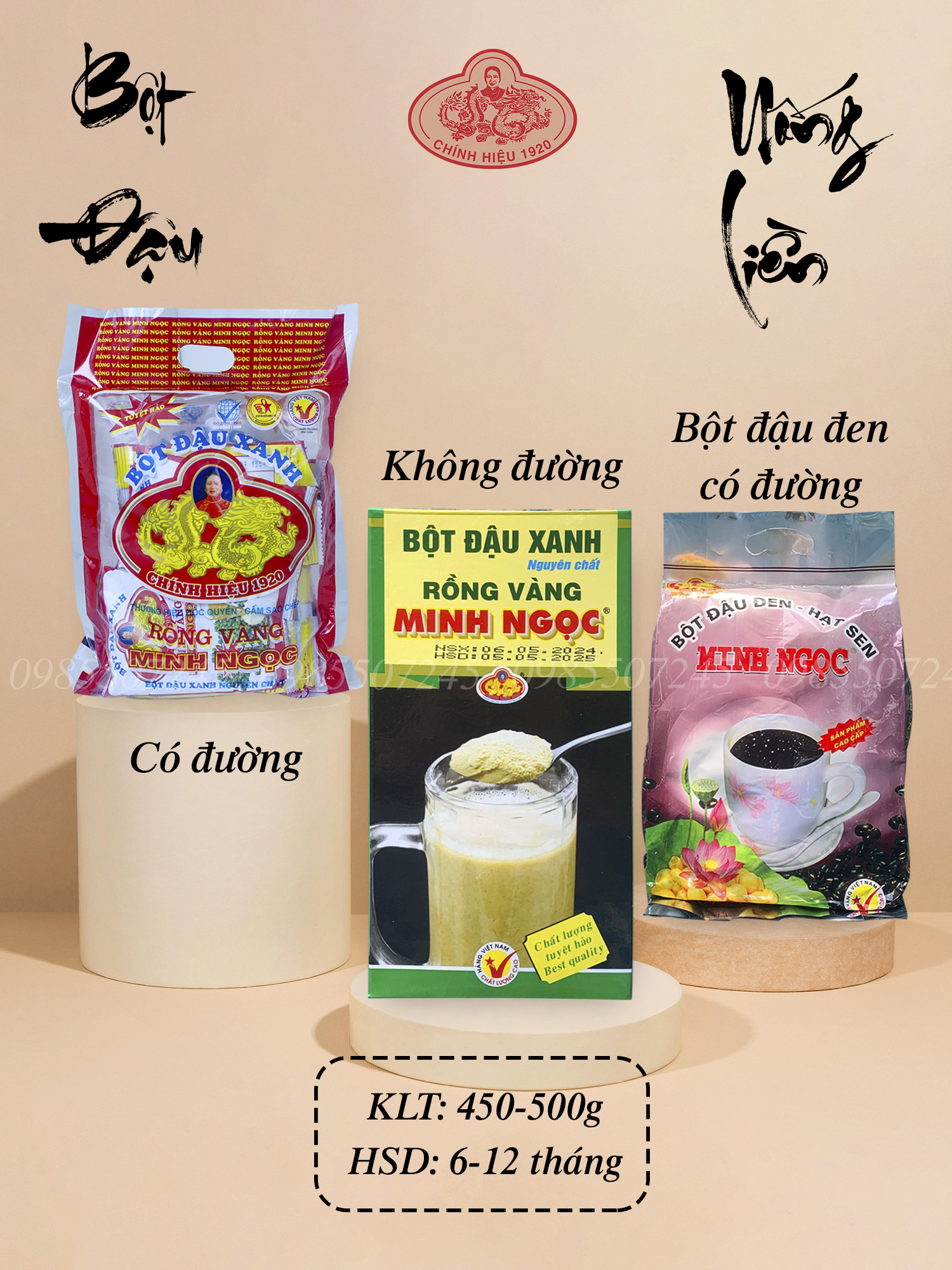 Bột đậu xanh uống liền nguyên chất Rồng vàng Minh Ngọc có đường 500g/không đường 450g