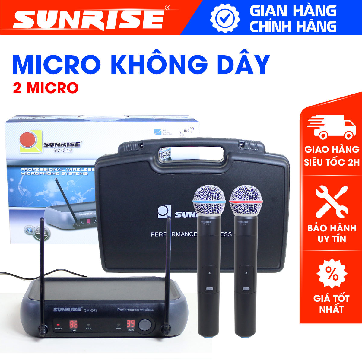Micro không dây hộp sóng chính hãng Sunrise SM-242 sử dụng sóng UHF, Mic karaoke chất lượng cao chống hú, chống nhiễu tốt - SUNRISE MUSICS