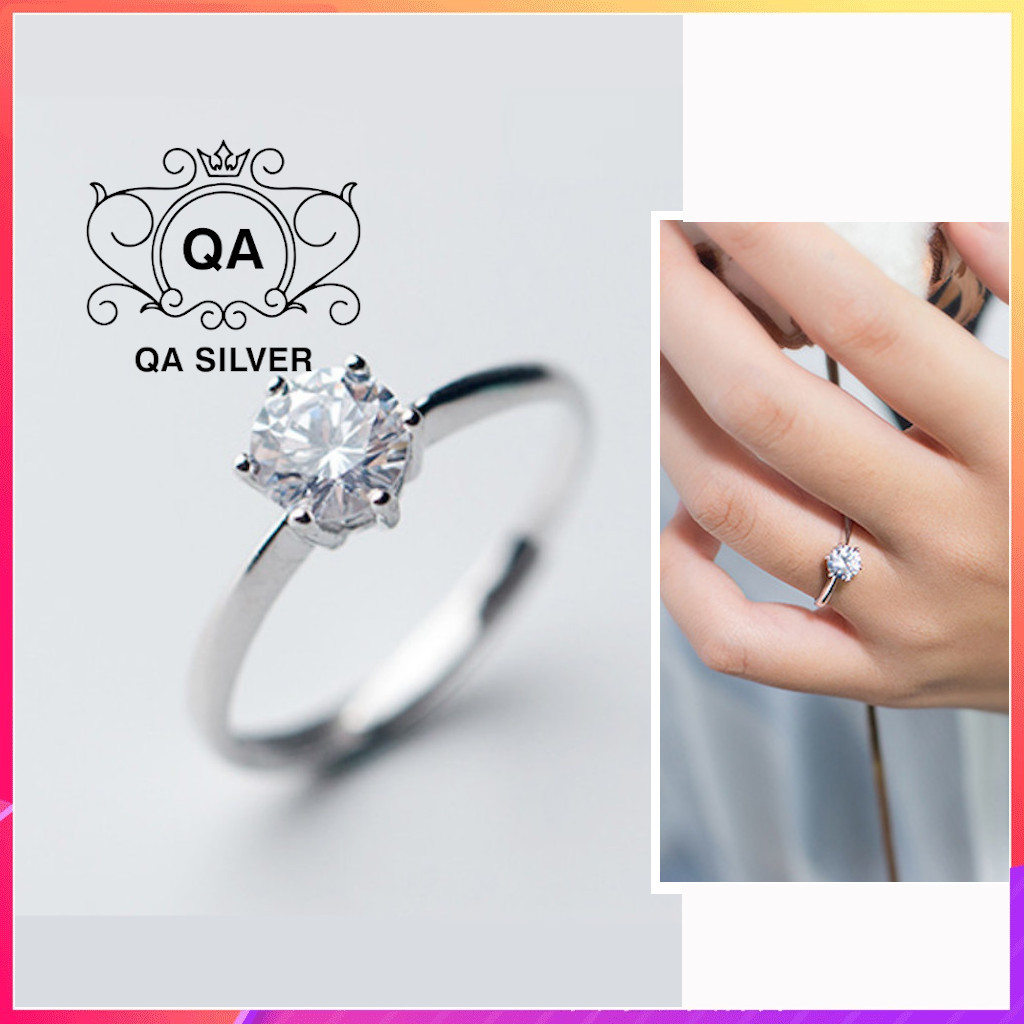 Nhẫn bạc 925 nữ mặt đính đá 6 chấu rãnh tối giản nhiều size S925 CRYSTAL QA SILVER Ring RI200801