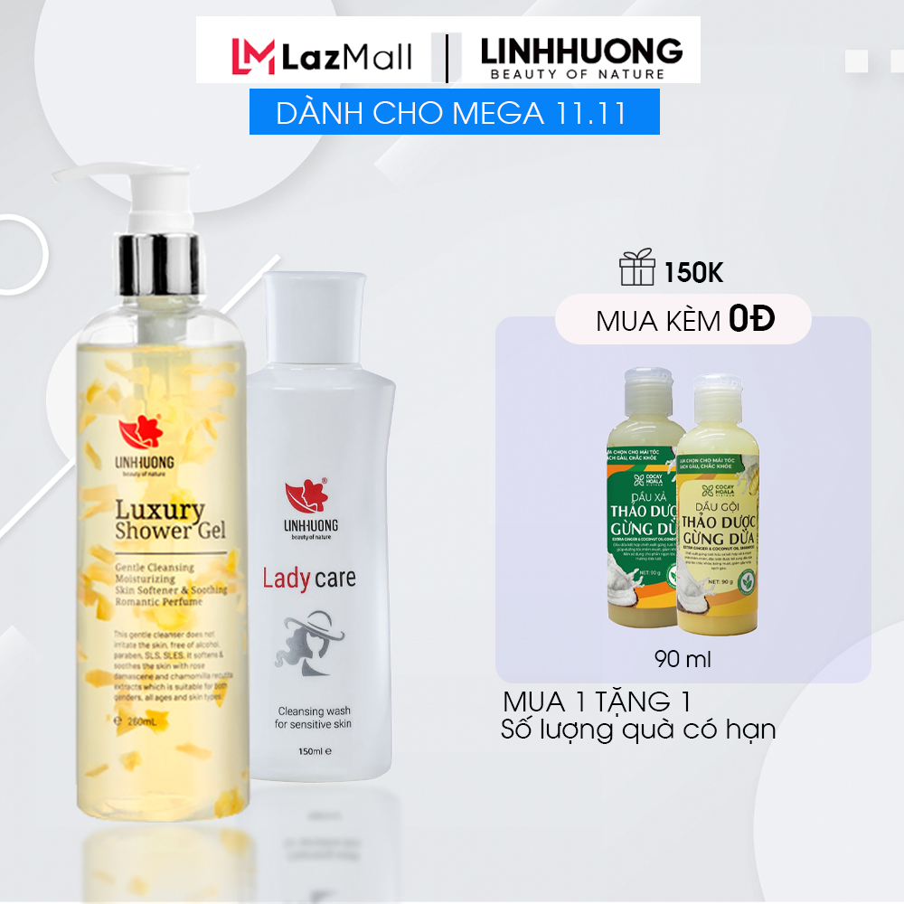 Bộ dung dịch vệ sinh phụ nữ và sữa tắm trắng toàn thân Linh Hương Lady Care làm sạch ngăn ngừa mụn lưng, rôm sảy, làm hồng và se khít cô bé hương nước hoa tặng bộ dầu gội xả gừng dừa Cocayhoala