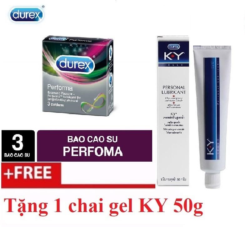 Bộ Bao cao su kéo dài thời gian Durex Performa 3 bao.Tặng 1 hộp gel bôi trơn Durex Ky 50G