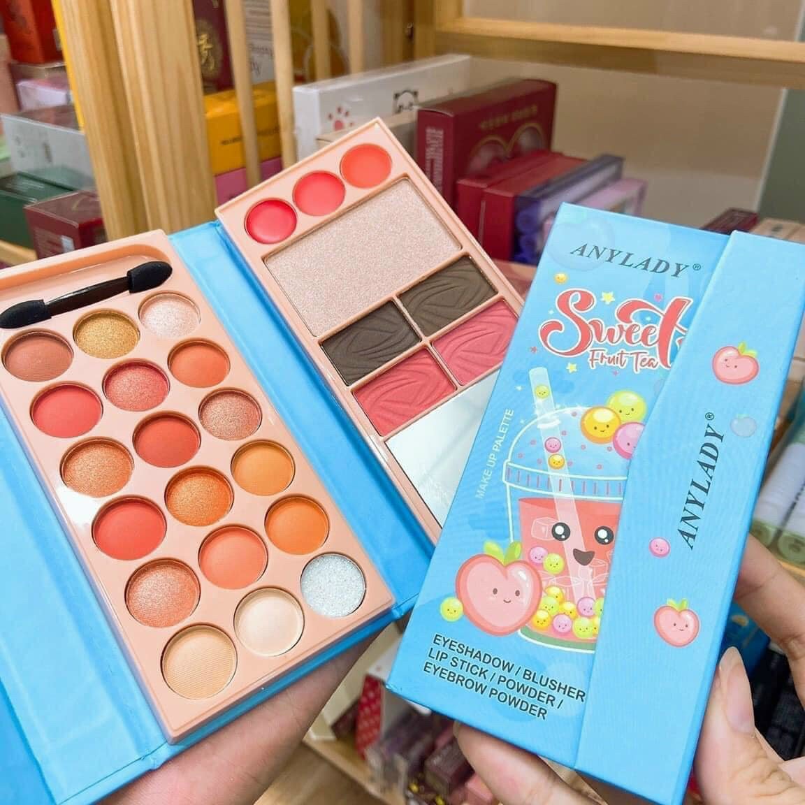Bảng phấn mắt trang điểm dạng bóp đa năng sweet anylady peach kèm cọ