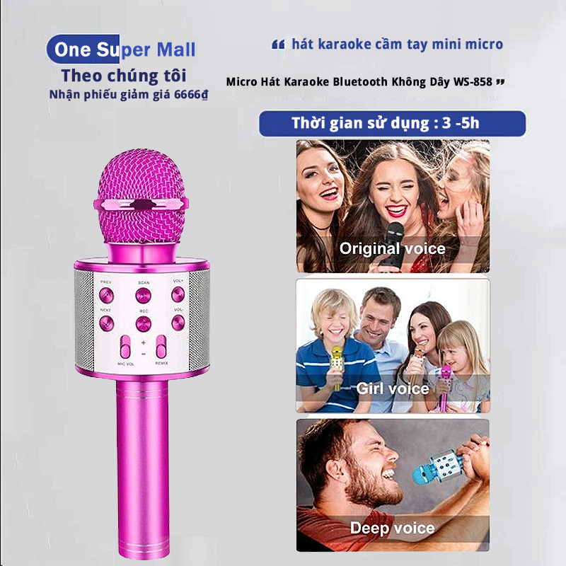 Micro Hát Karaoke Bluetooth Không Dây WS-858, Kèm loa Âm vang Ấm mic hát karaoke cầm tay mini micro hát trên xe hơi mic hát , loa bluetooth mini