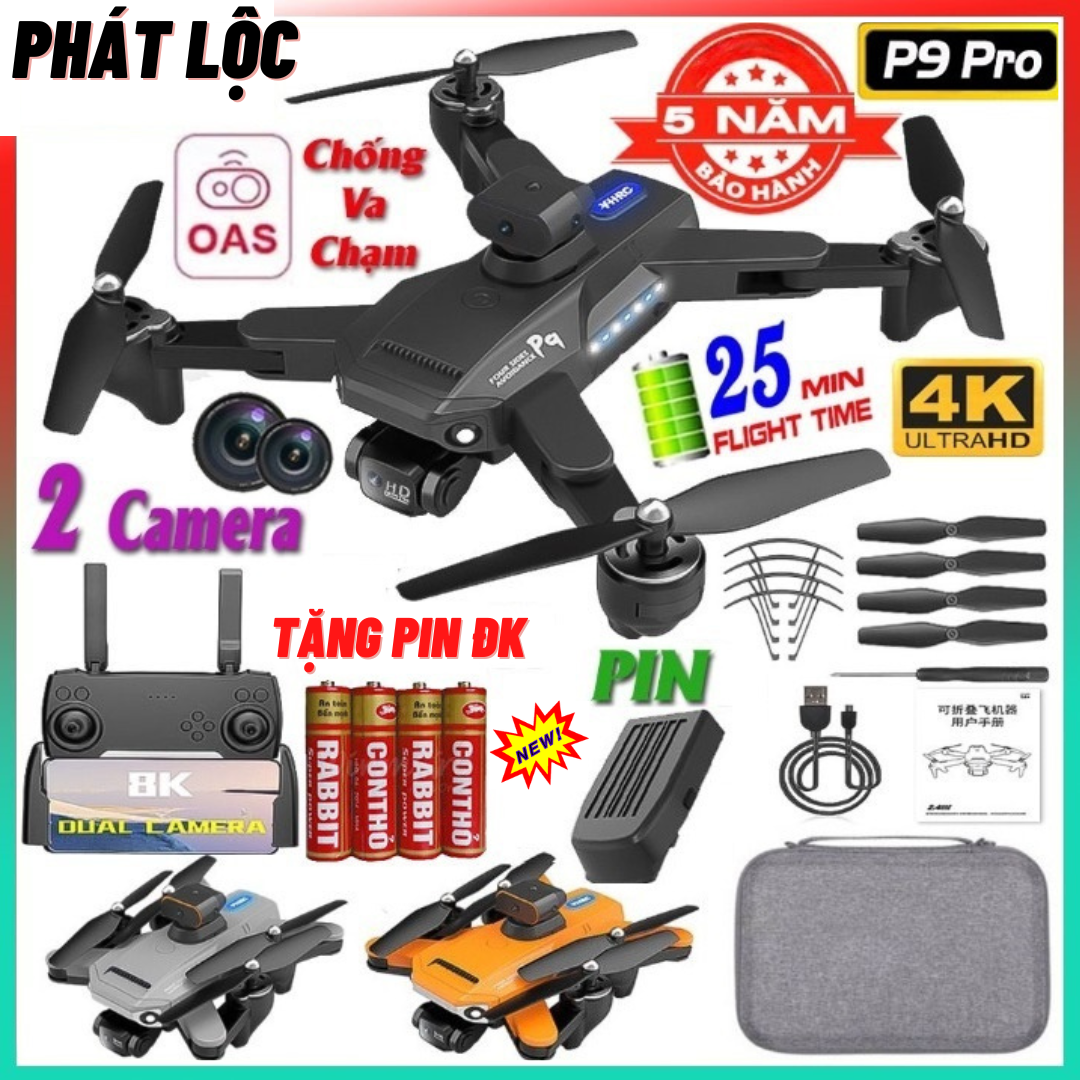 [ Bản Nâng Cấp Flycam P8 Drone ] Fly cam Giá Rẻ Drone Mini P9 Pro Max, Máy Bay Điều Khiển Từ Xa 4 Cánh, Play Camera Cao Cấp 2 Camera 12MP, Pin Lithium 2500mAh bay 25 Phút, Cảm Biến 4 Chiều, Chống Rung