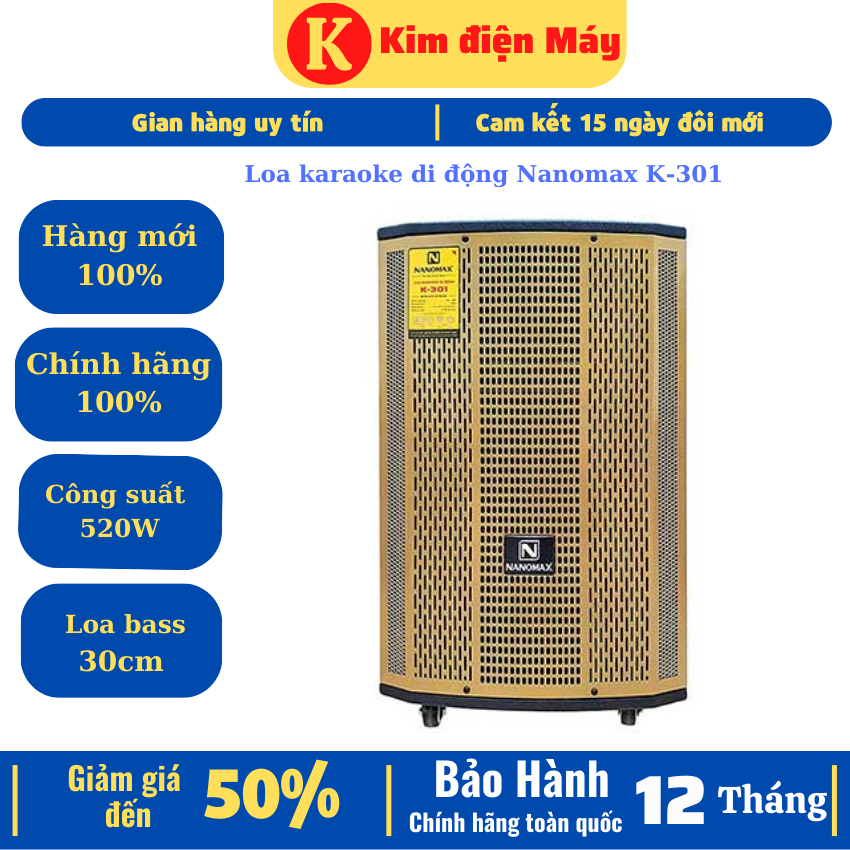 Loa karaoke di động Nanomax K-301-bass 30cm-công suất lớn 520W-loa thùng gỗ cao bảo hành 12 tháng toàn quốc