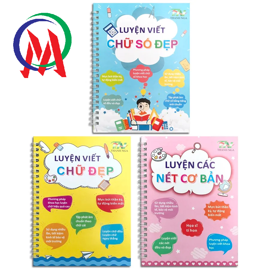 Combo 3 vở luyện viết chữ, số, nét cơ bản tự xóa thần thánh cho bé - tặng kèm bút mực bay màu (2bút + 8ngòi)
