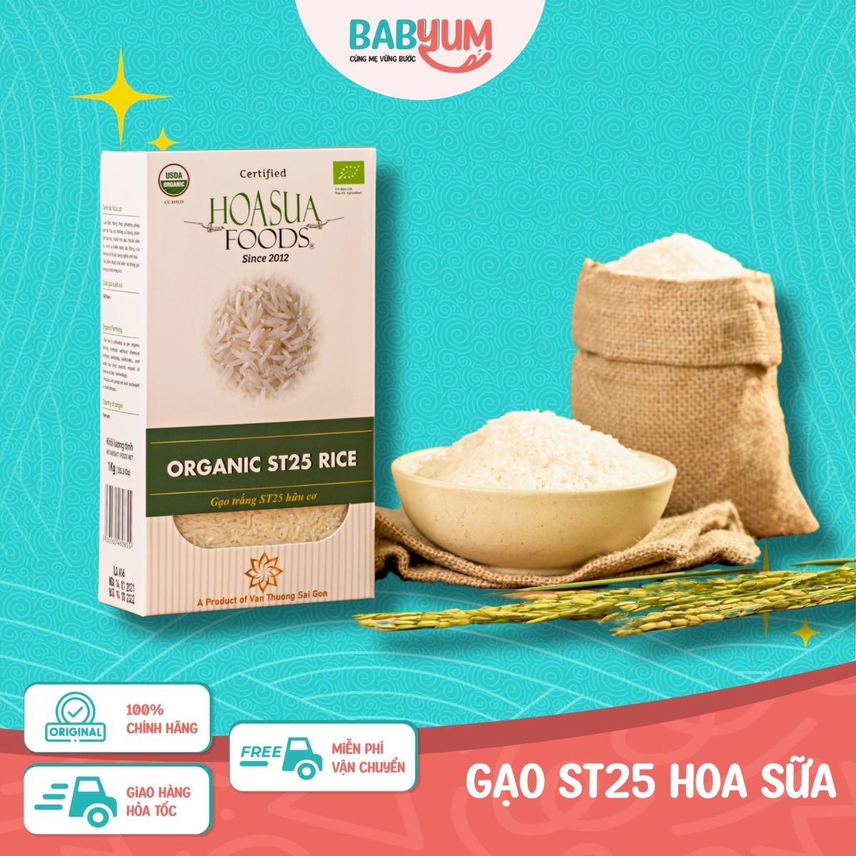 Gạo trắng ST25 hữu cơ Hoa Sữa Foods loại dẻo thơm 1KG