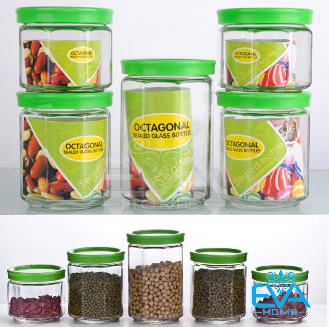 Bộ 5 hũ thuỷ tinh đựng gia vị nắp kín octagonal sealed glass bottle m2974