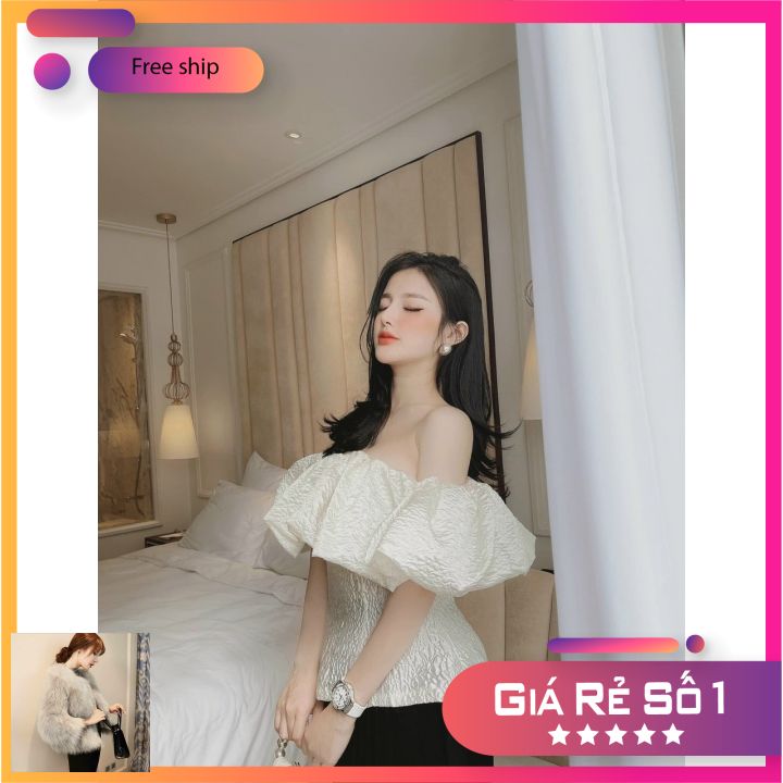 áo trễ vai nữ chất liệu gấm, áo kiểu màu trắng nâu chuẩn hàng loại 1 Form chất bao chuẩn đẹp phong cách Store-MitMit Thời Trang Nữ