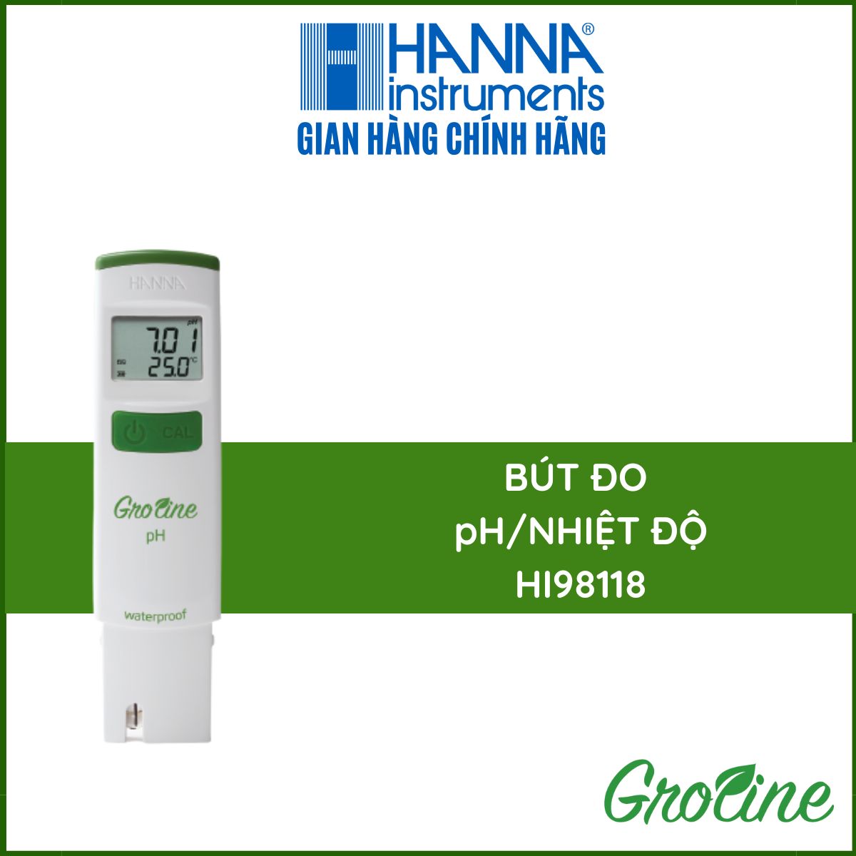 Máy đo dạng bút bỏ túi đo ph/nhiệt độ hanna 0-14ph groline - hanna - hi98118 - chuyên dùng trong thủy canh, tặng kèm gói dung dịch hiệu chuẩn máy