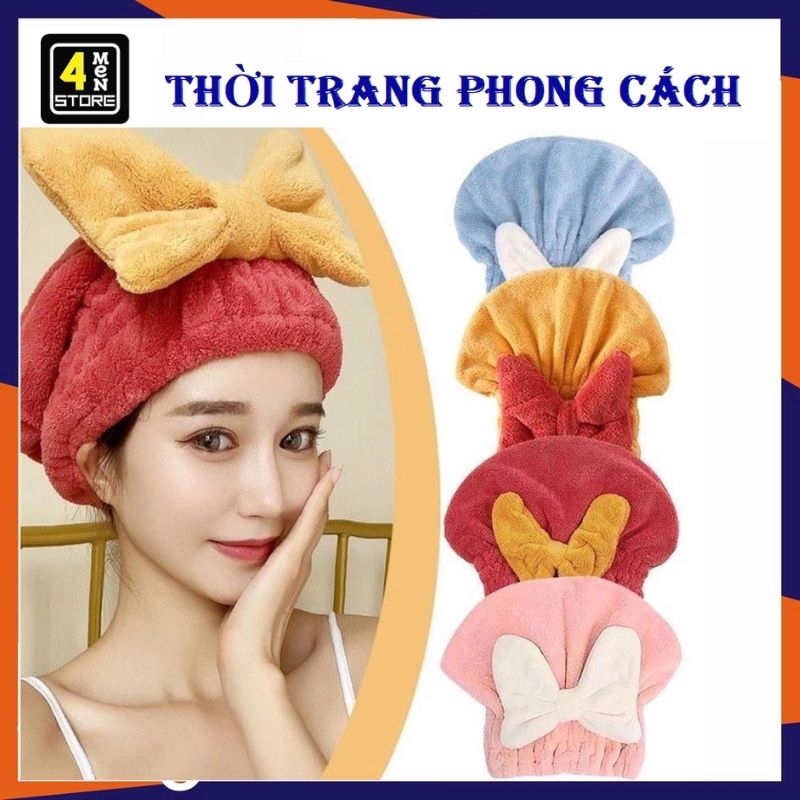 Mũ Tắm Ủ Tóc Nhanh Khô Có Nơ Vải Cotton Mền Mịn Siêu Thấm Nước Tốt - Khăn Ủ Tóc / Khăn Quấn Tóc Gội Đầu Hình Nơ Dễ Thương Cho Nữ - Mũ Quấn Ủ Tóc Khô Nhanh Siêu Tốc