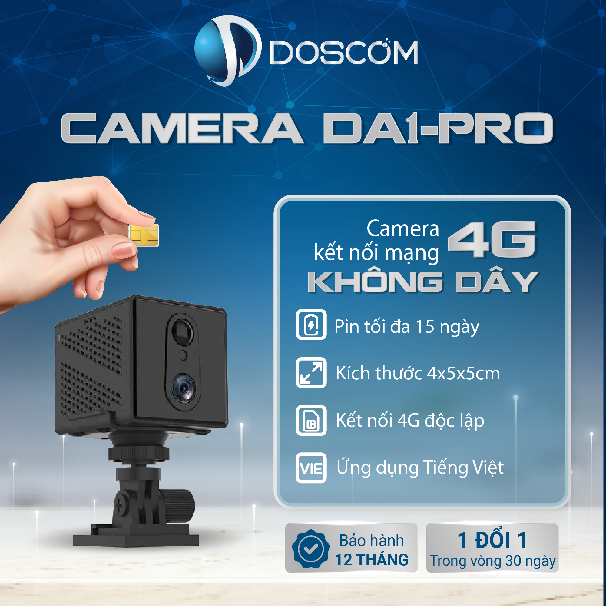 DA1 PRO Camera Mini không dây sử dụng Sim 4G