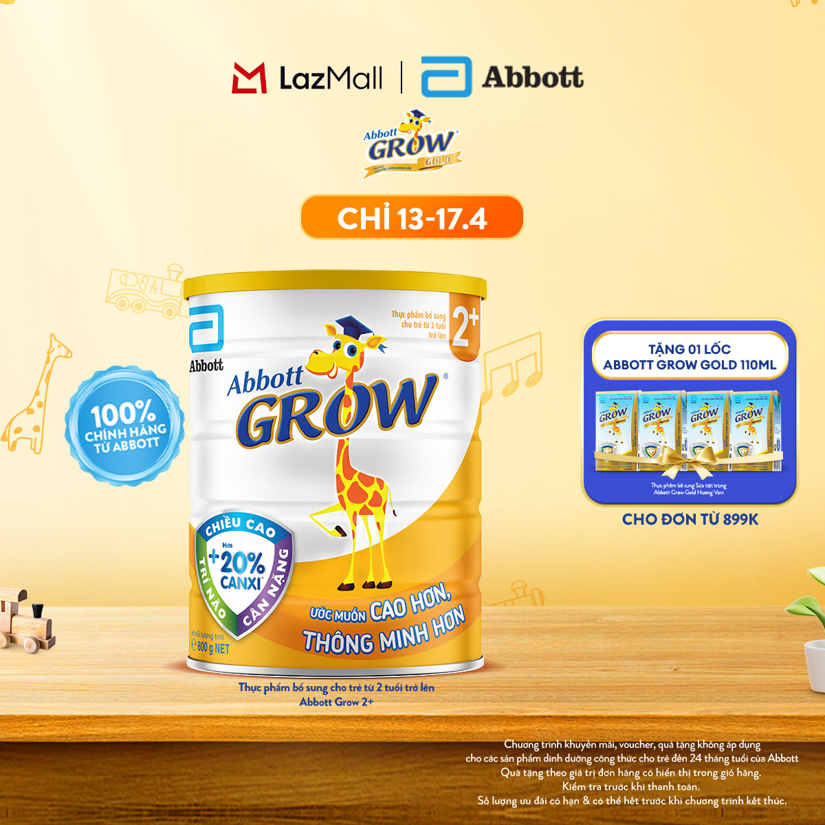 [CHỈ 13-17.04 QUÀ TẶNG CHO ĐH 899K-SLCH] Lon sữa bột Abbott Grow 2+ 850g/800g
