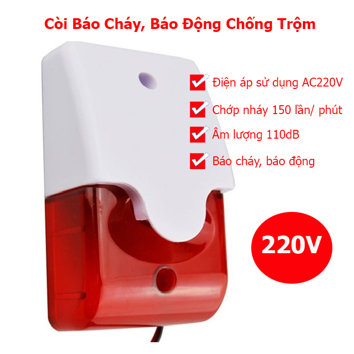 Bộ còi hú báo động dùng điện 220V có đèn chớp nháy gắn với các hệ thống báo động, báo cháy