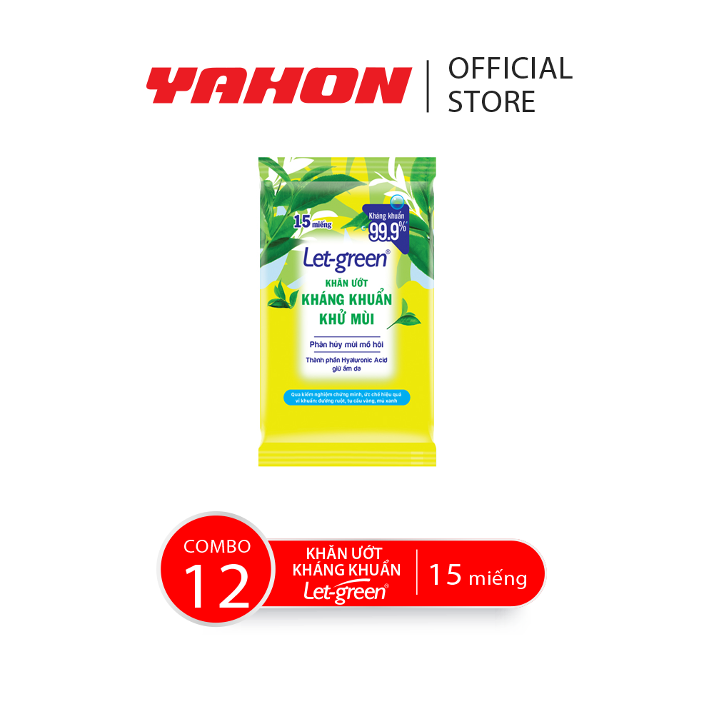 Combo 12 gói khăn ướt kháng khuẩn khử mùi let-green, 15 miếng/bao