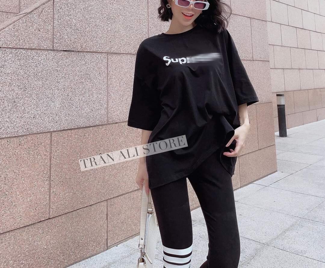 SET ĐỒ BỘ MẶC ĐI CHƠI ÁO THUN IN CHỮ TAY LỠ, CỔ TRONG, QUẦN LEGGING 3 SỌC NGANG GỐI, THÍCH HỢP MẶC ĐI CHƠI, ĐI DẠO PHỐ, CHẤT THUN TIXI