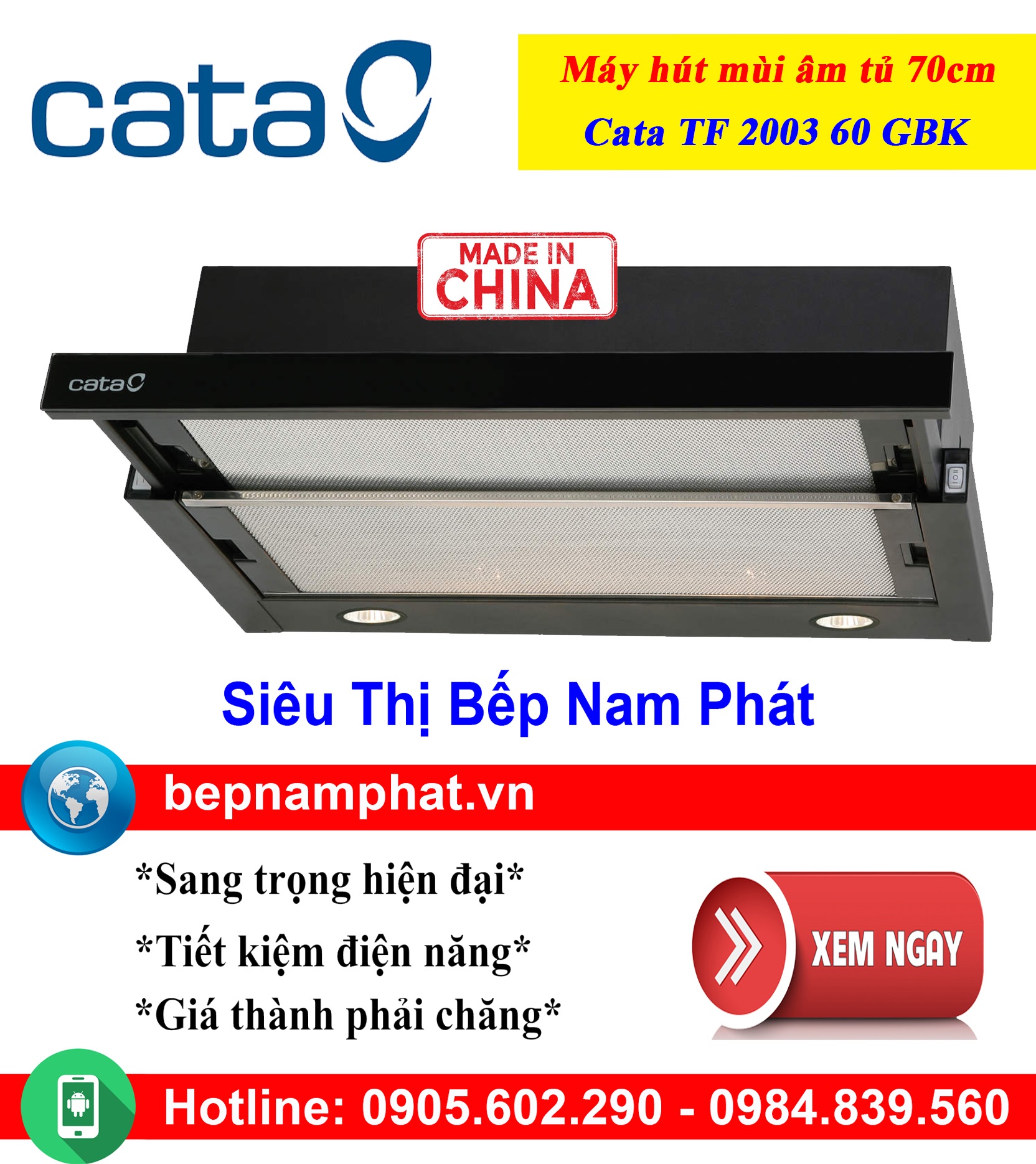 Máy hút mùi âm tủ 60cm Cata TF 2003 60 GBK - Inox và kính chịu lực, công suất 600 m³/h