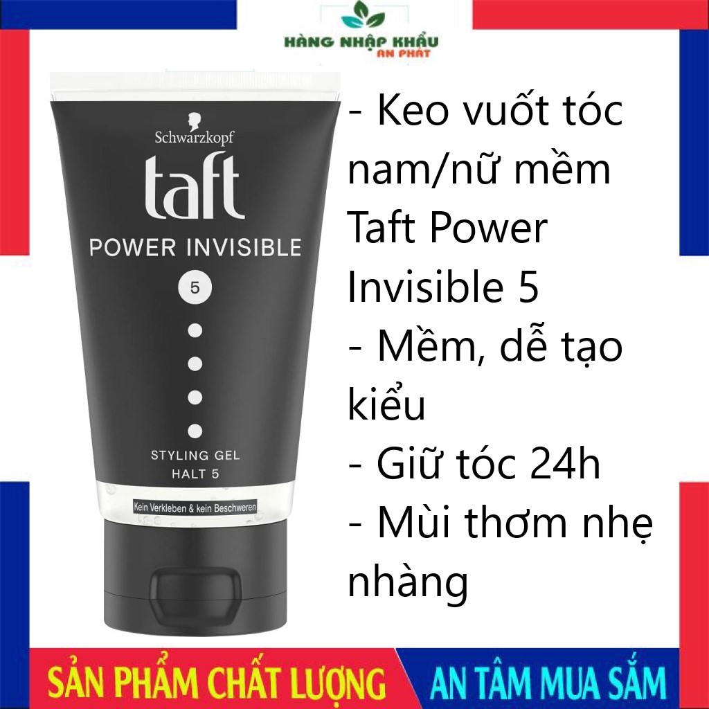 Gel vuốt tóc Taft Power Invisible Gel 5, gel vuốt tóc nam tạo kiểu, keo vuốt tóc nam giữ nếp tóc, 150ml