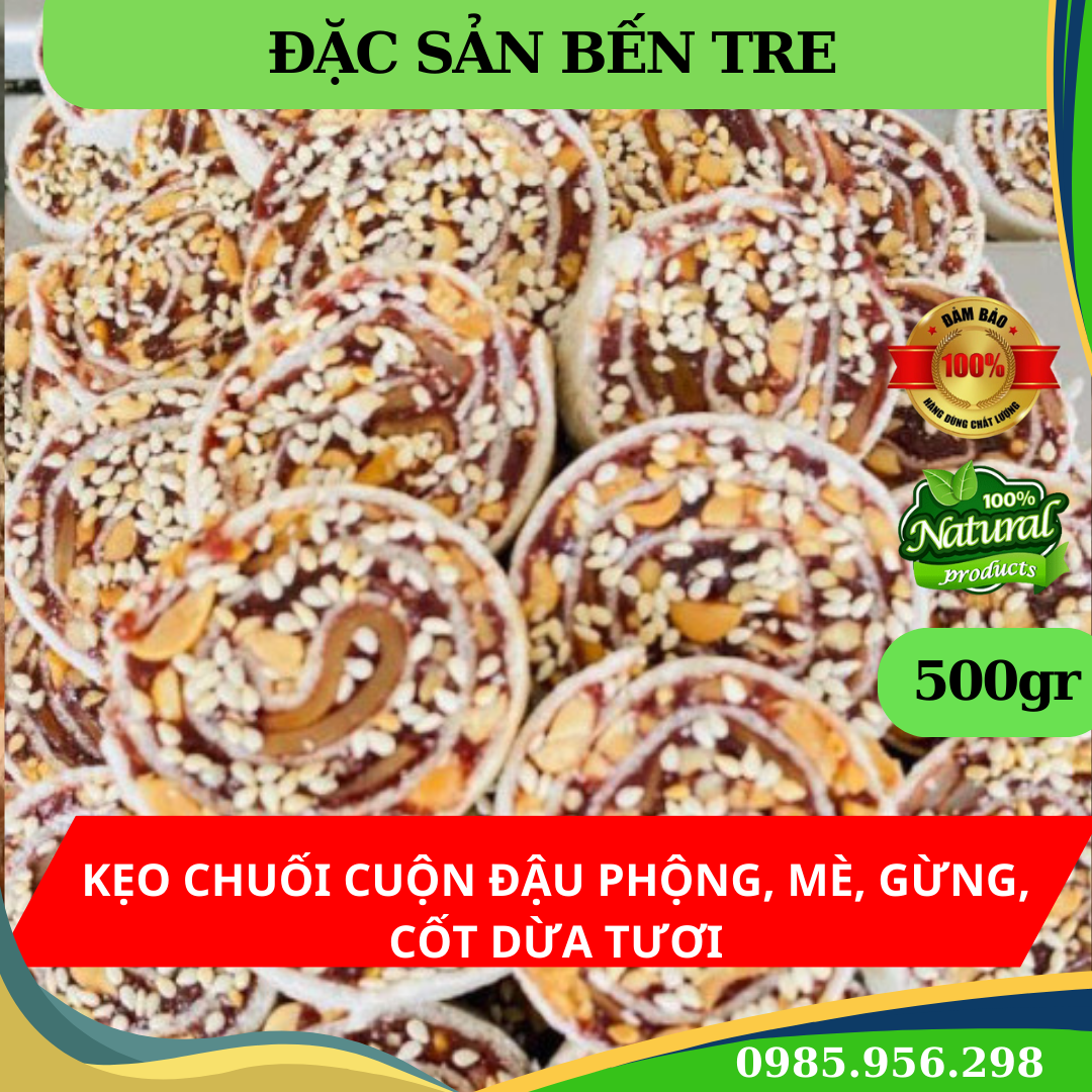 1kg kẹo chuối cuộn gừng, đậu phộng, nước cốt dừa, mè - đặc sản bến tre
