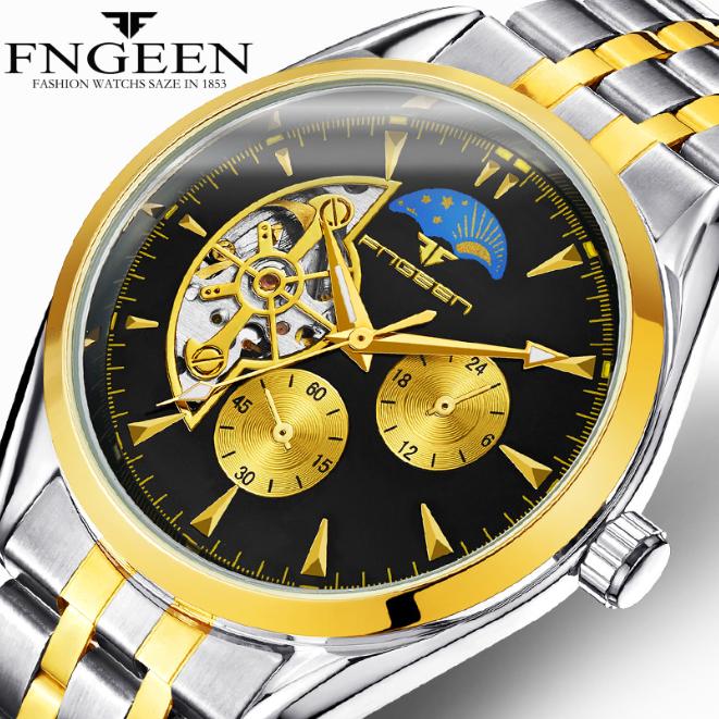 Đồng Hồ Cơ Nam Automatic FNGEEN Moonphase Lộ Cơ 2 Mặt Dây Kim Loại Mạ Vàng Chống Xước Chống Nước - FN01
