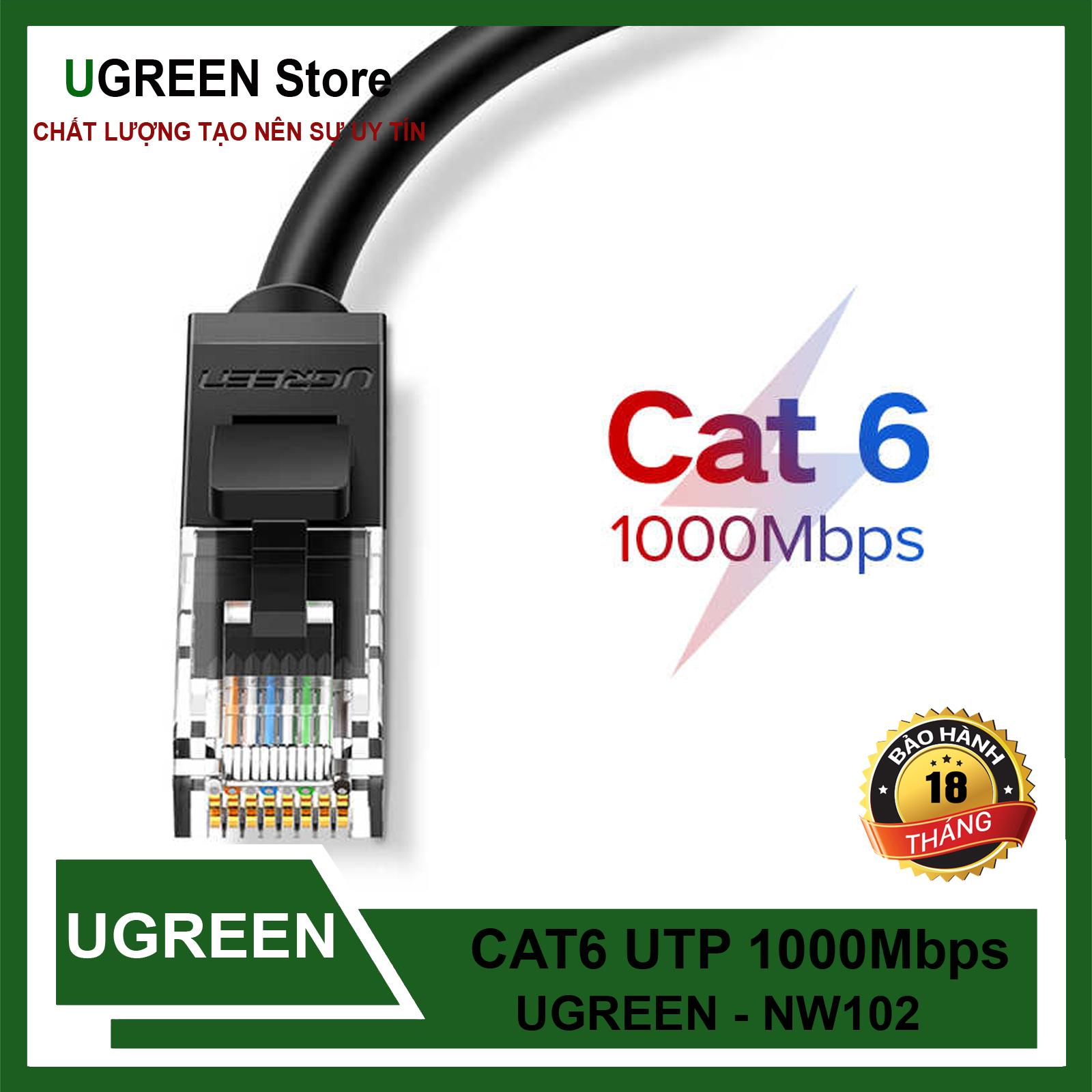 Cáp mạng cat6 dây tròn utp 1000mbps dài 10m - 20m ugreen nw102