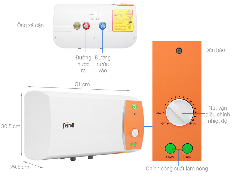 BÌNH NƯỚC NÓNG GIAN TIẾP FERROOLI VERDI TE 15 LÍT , ECO CARE