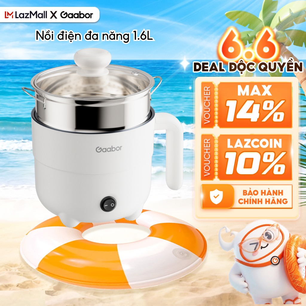 Nồi điện đa năng 1,6 lít Gaabor EC-18M01A lòng chống dính chiên, nấu, xào, ăn mì, nấu lẩu kèm xửng hấp inox - Bảo hành 12 tháng 1 đổi 1