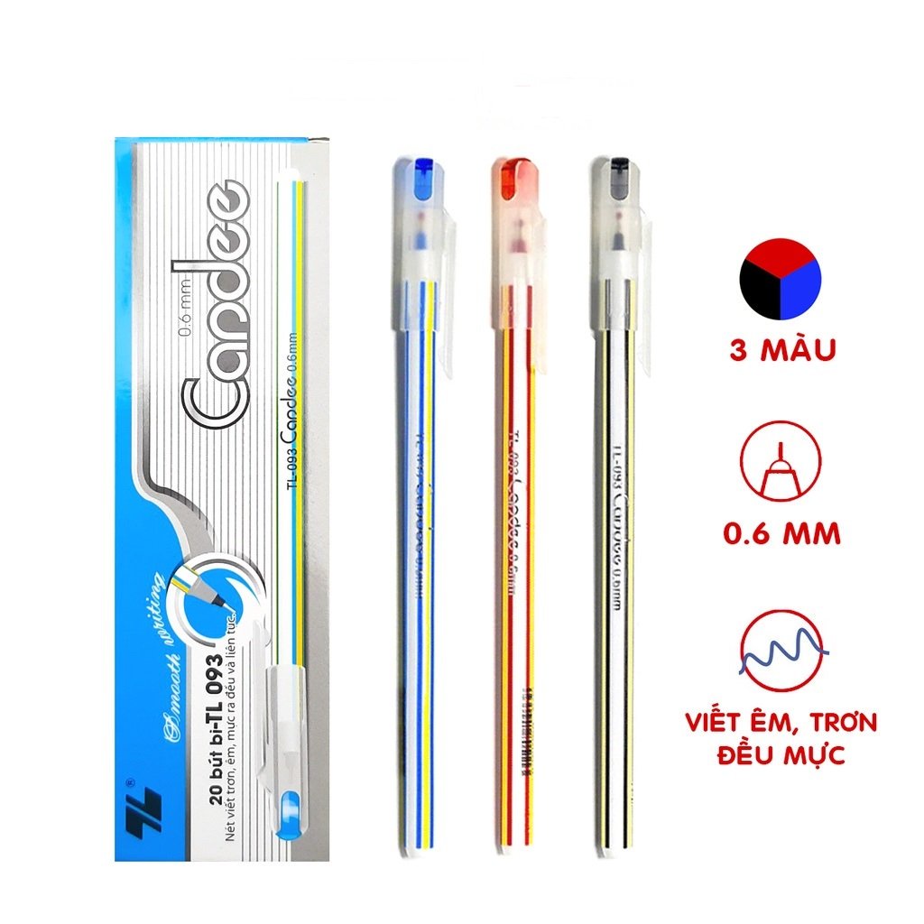 Bút bi thiên long hộp 20 bút tl-093 ngòi 0,6mm 3 màu mực xanh đỏ đen