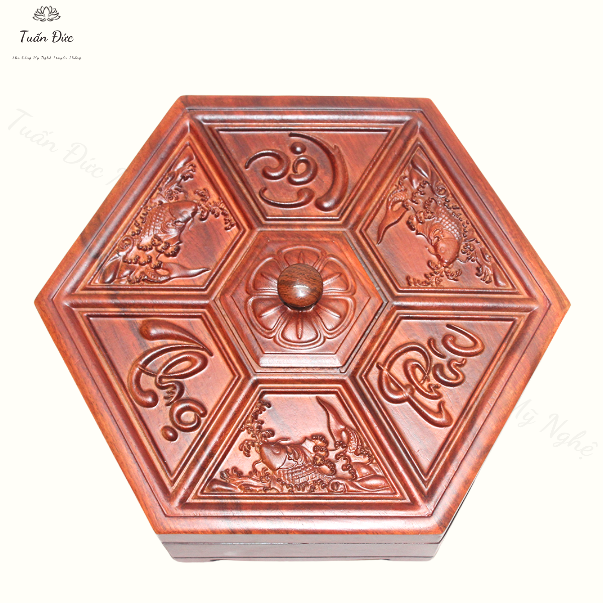 Hộp/Khay đựng Mứt kẹo Tết bằng gỗ hương cao cấp khắc chữ Phúc Lộc Thọ