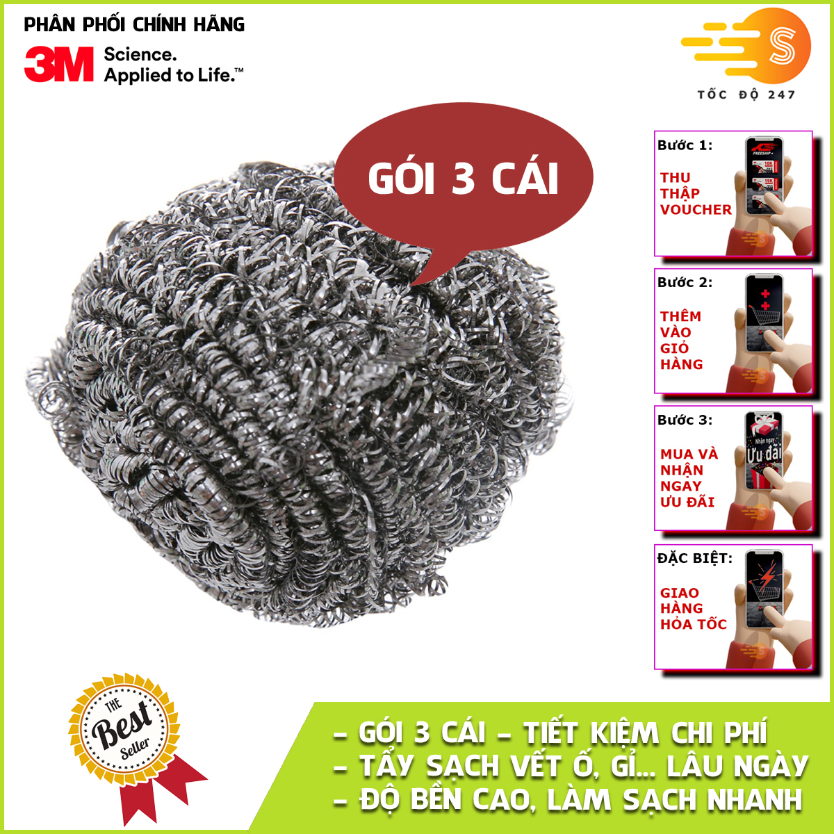Miếng cước cọ rửa siêu bền inox Scotch-Brite 3M CR-IN01 - Tốc Độ 247 tẩy rửa các vết bẩn cứng đầu độ bền cao