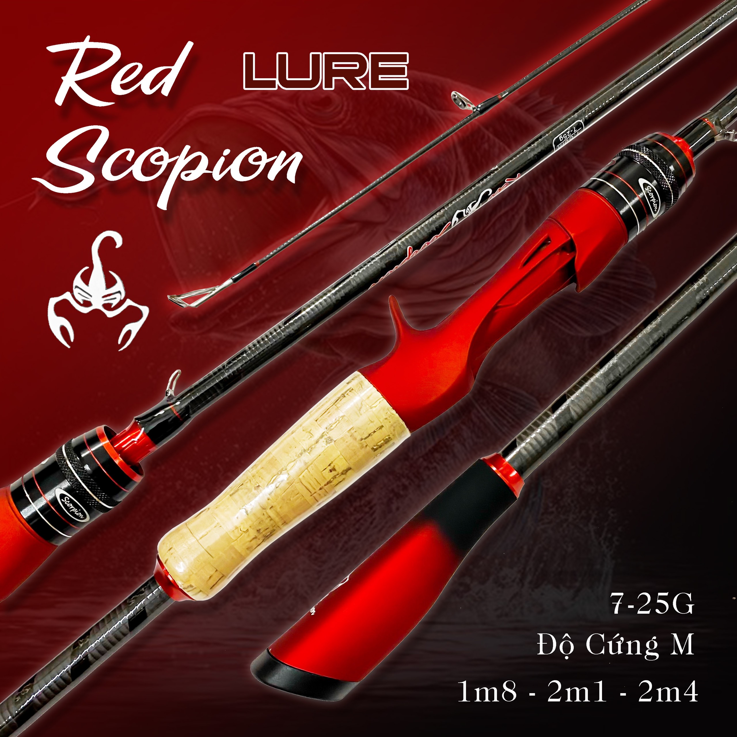 Cần câu lure Red Scopion cần lure cao cấp khoen Sic Carbon chéo 2 lớp