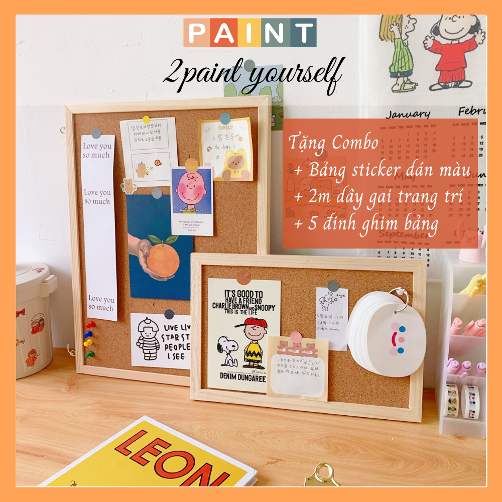 Bảng ghim gỗ bần treo ảnh, postcard trang trí (Tặng kèm ghim + dây gai + móc)