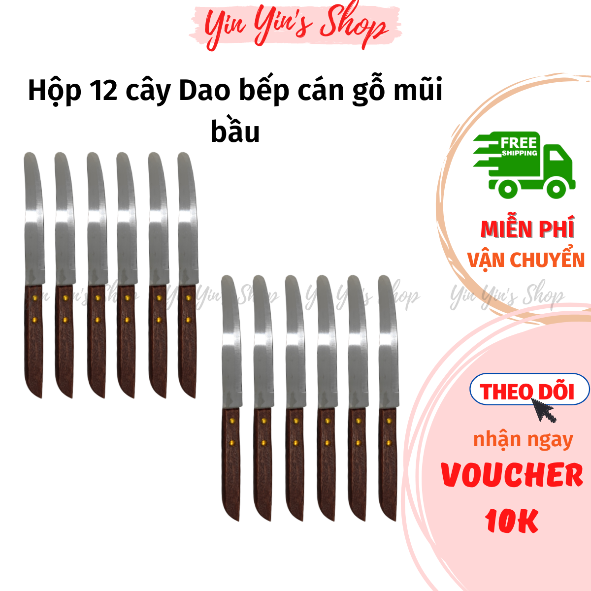 Hộp 12 cây dao bếp cán gỗ mũi bầu 502 chất liệu inox, dao gọt trái cây rau quả siêu bén