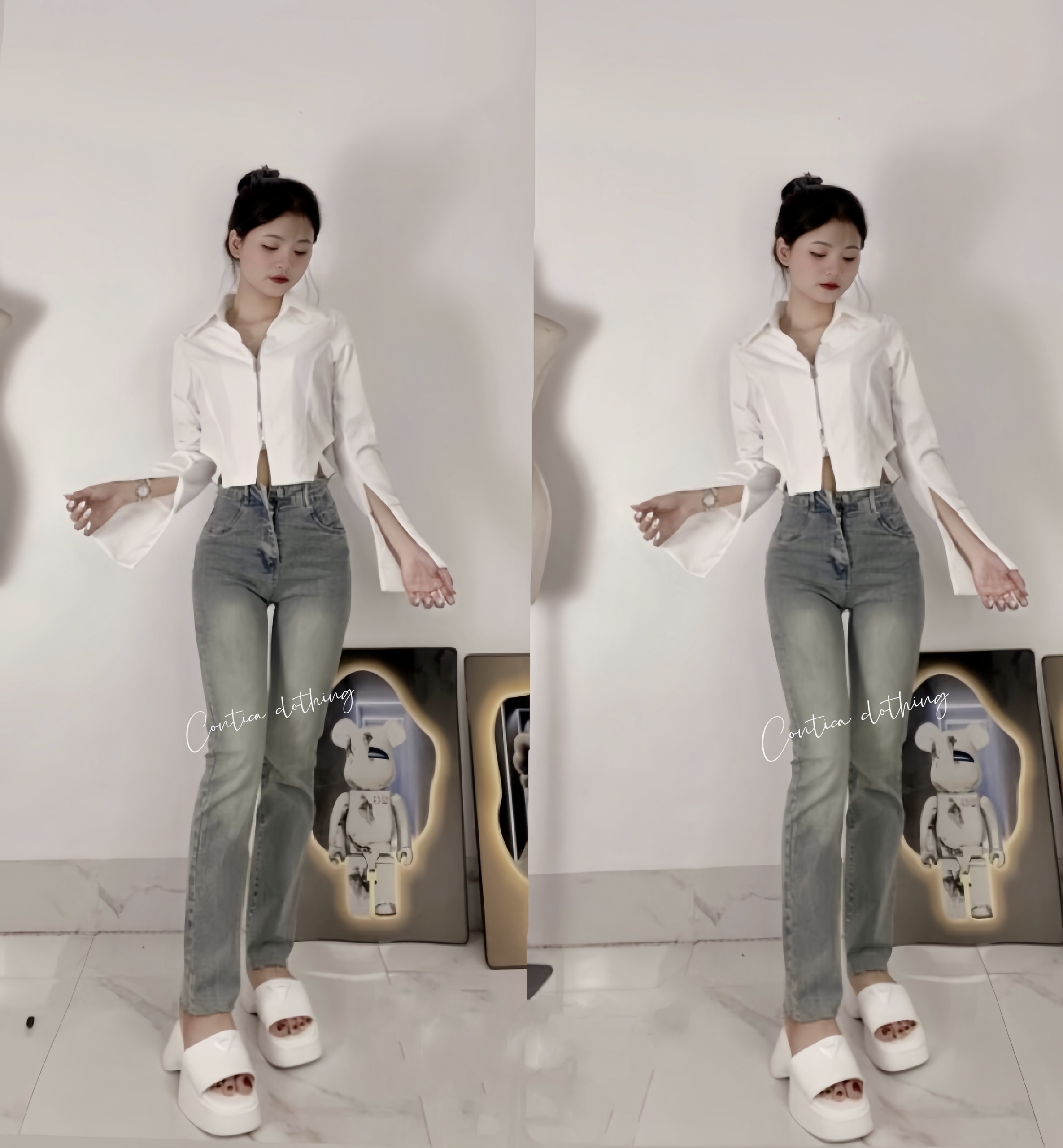 Quần jeans ống đứng màu bạc lưng cao hack dáng