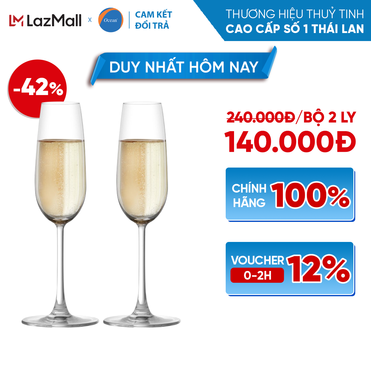 [Cam Kết Đổi Trả Nếu Vỡ] Bộ 2 Ly/Cốc Rượu Thủy Tinh - Ocean Madison Flute Champ 210ml - Chính Hãng