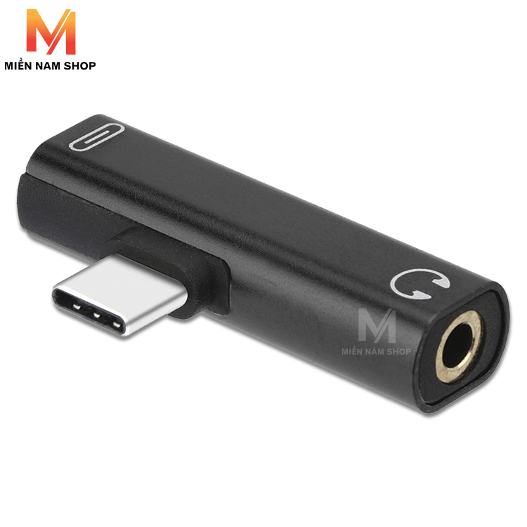 Đầu adapter chia cổng Type-C âm thanh thành jack tai nghe 3.5mm và sạc Type-C