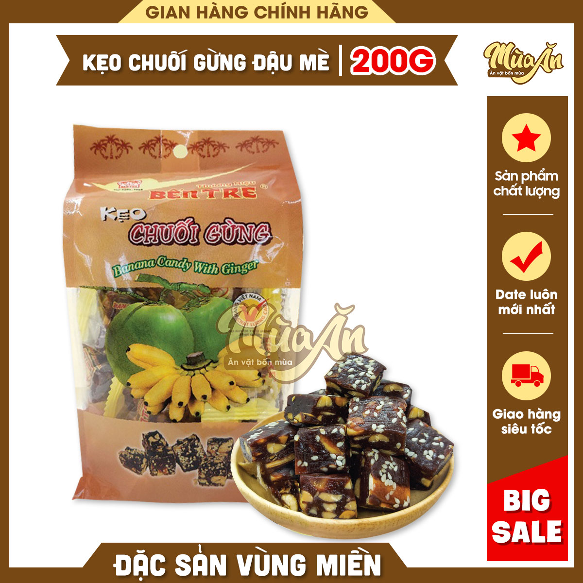 Kẹo chuối gừng đậu mè, kẹo chuối Bến Tre chính hãng Hai tỏ 200g, đặc sản bến tre mềm dẻo thơm ngon