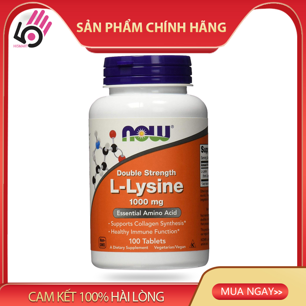 Thực phẩm bổ sung L lysine 1000mg Now Foods Double strength Acid amino giúp đẹp da mụn nội tiết tố 100 Viên