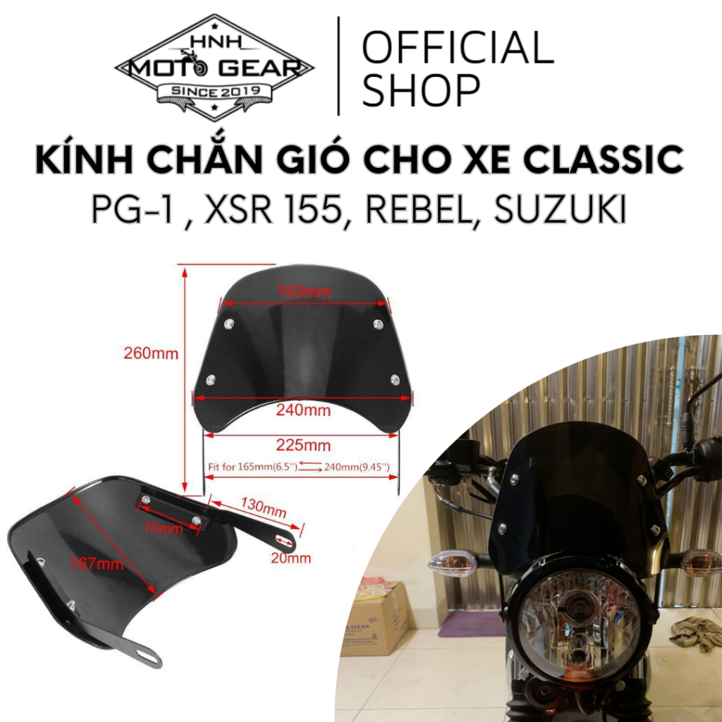 Kính Chắn Gió Chế Gắn Xe Máy Classic PG1, XSR 155, Rebel Mã K3 Hãng S2R