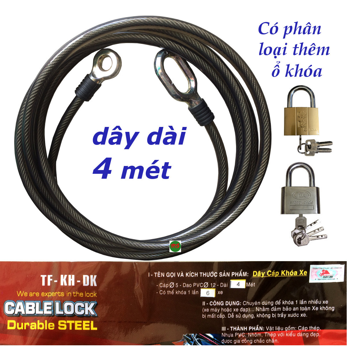 Dây cáp khóa xe lõi thép bọc nhựa dài 4 mét Marsone