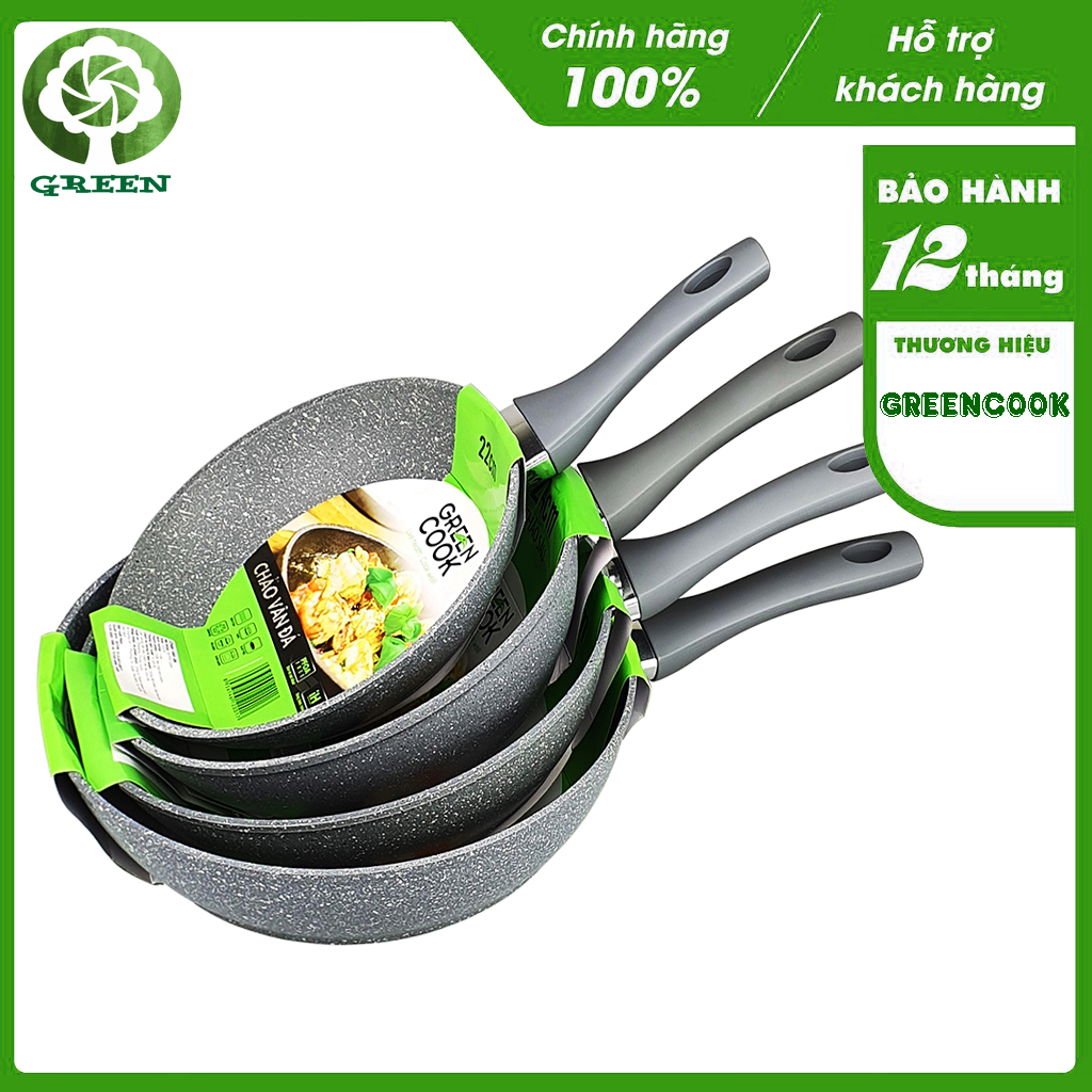 Chảo từ chống dính dạng vân đá sâu lòng greencook gcp02 size 22/24/26/28/30cm - hàng chính hãng