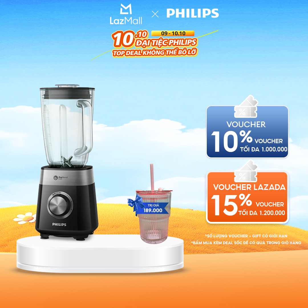 Máy Xay Sinh Tố Philips HR2228/90 |800W | lưỡi dao 6 cánh |Cối thủy tinh - Hàng Chính Hãng