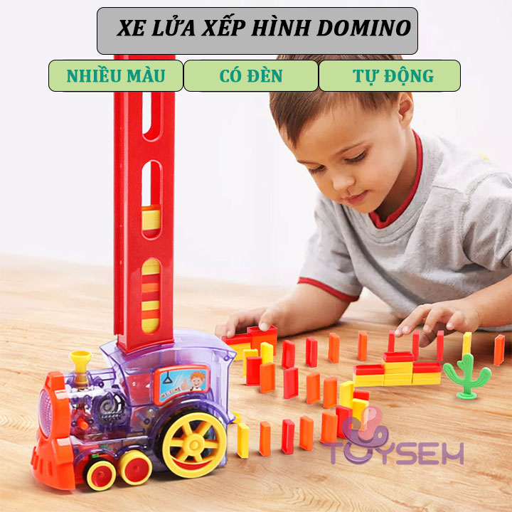 Xe lửa xếp hình domino có đèn và âm thanh 60 khối - Tàu hỏa xếp hình thông minh - Thế giới đồ chơi cho bé Toysem - Quà tặng sinh nhật cho bé trai bé gái cute